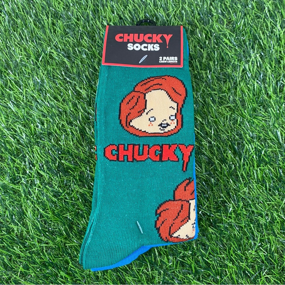 Universal Chucky Doll Men’s Novelty Dress Crew Socks Green Blue 2 Pairs